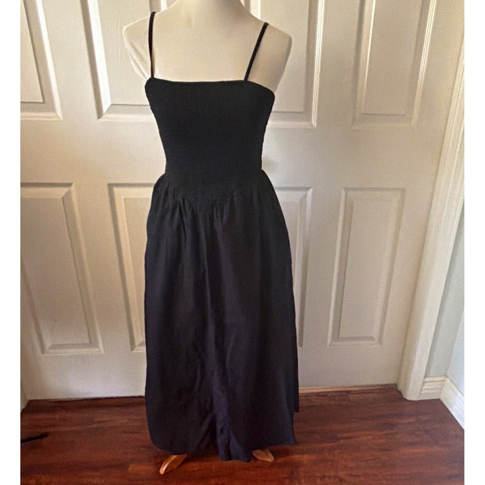 Black Midi Dress S Smocked Pointed Waist Pockets Fit Flare Retro Sincerely Jules